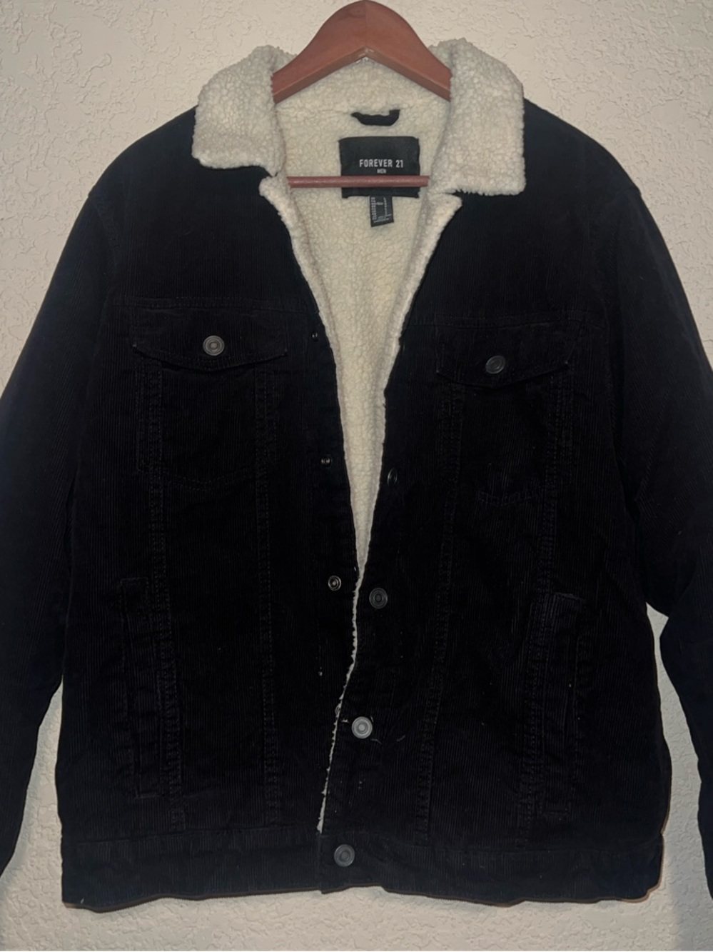 Forever 21 Men’s Black Corduroy Jacket with Cream Sherpa Lining